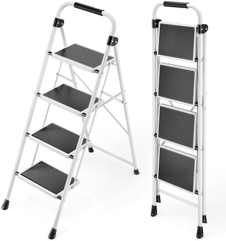KINGRACK Step Ladder 4 Step Folding Step Stool for Adults with Handrails Heavy Duty Steel Sturdy Lightweight Collapsible Portable Step Ladder with Anti-Slip Wide Pedal,White - Amazon.com