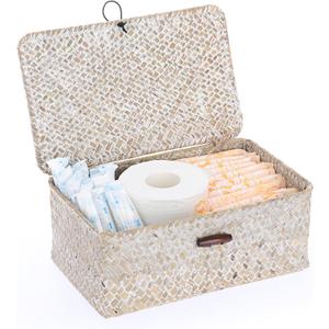 Sumnacon Small Wicker Basket with Lid Rectangle Woven Baskets for Toiletries Tampon Storage,Wicker Storage Basket with Lid,Decorative Seagrass Storage Baskets for Shelf Bathroom Toilet Table,Whitewash