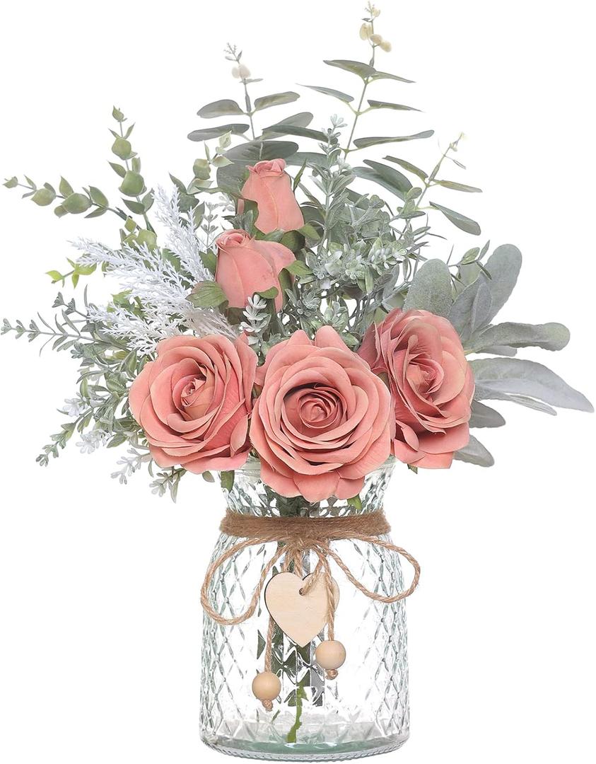 Faux Flowers with Vase, Artificial Silk Roses in Vase, Fake Plant Eucalyptus Flower Arrangement for Home Office Farmhouse Bathroom Dining Table Centerpiece Decorations Coffee Table Decor (Dusty Pink)