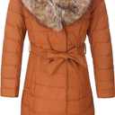 Women's Puffer Jacket Winter Plush Lining Long Coat with Removable Fur Collar Hooded and Belted 5528 Camel, Large