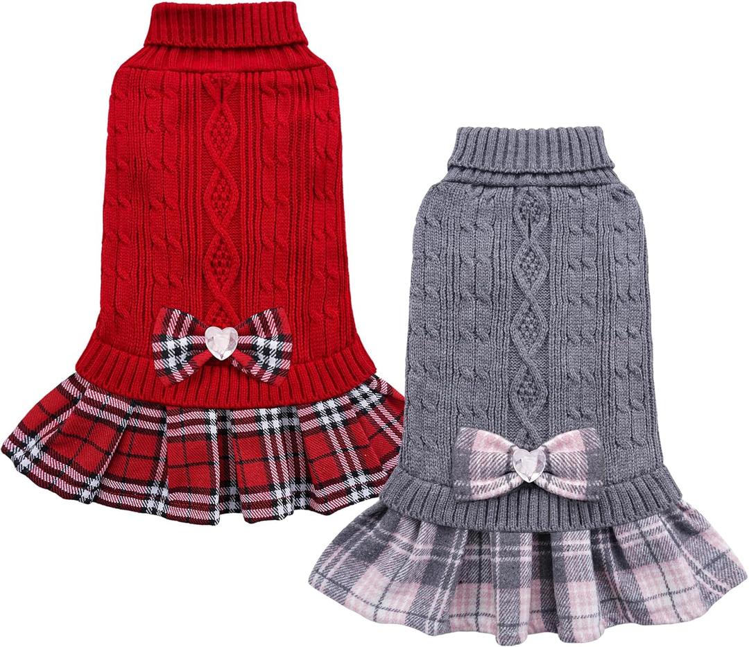 YUDODO 2 Pack Small Dog Sweater Dress with Bowtie Turtleneck - Knitted Pet Girl Dog Winter Clothes - Pet Warm Sweater for Puppy Yorkies, Chihuahua (M Red+Grey) (Medium (9-15lbs))