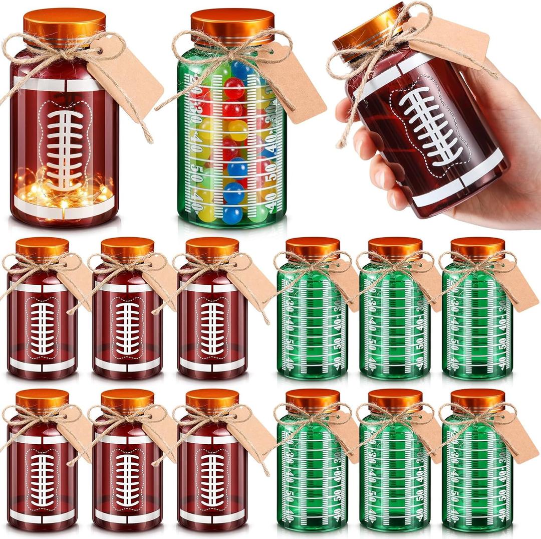 12 Sets Football Party Favors Football Mason Jar decoration Brown Green Plastic Bottle with Cards Stickers Senior Night Gifts for Team Favors Sports Party Decorations