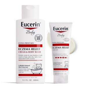Eucerin Baby Eczema Relief Cream and Body Wash (13.5 Fl Oz) + Baby Eczema Cream (8 Oz), Fragrance Free Skin Care Set with Colloidal Oatmeal (Skin Protectant)