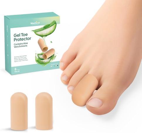 Welnove Gel Toe Cap and Protector - Silicone Toe Covers - Toe Cushions for Pain Relief, Missing or Ingrown Toenails, Corns, Calluses, Blisters (8 Medium, Beige)