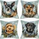 Fahrendom Winter Dogs Decorative Throw Pillow Covers 18 x 18 Set of 4, Boston Terrier Labrador Goldendoodle Porch Outdoor Pillowcase Pet Owner Lover Gifts, Christmas Sofa Couch Cushion Case Home Decor