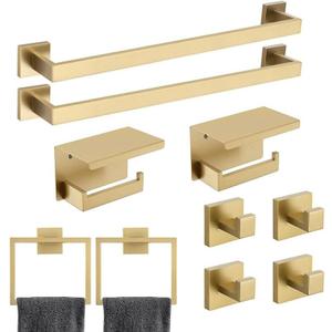10 Pack Brushed Gold Bathroom Hardware Set - SUS304 Stainless Steel Wall-Mounted Towel Bar, Holder & Racks, 23.6 Inch