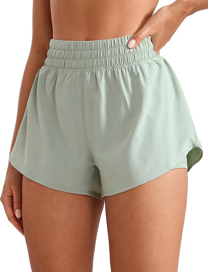 INGIA 2 in 1 High Waisted Running Shorts for Women 3" Quick Dry for Sport Athletic Workout with Zipper Pocket Mineral Small