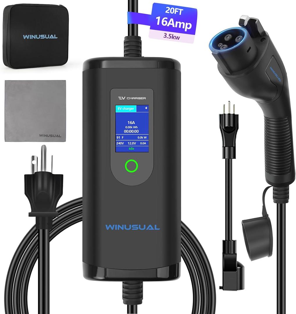Portable Level 1 & 2 EV Charger,16A 110-240V with Fix Time Charge, 20FT Cable, NEMA 6-20 Plug and NEMA 5-15 Adapter, SAE J1772 EV Electric car Charger, Current Adjustable(NOT for Tesla)