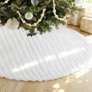 Christmas Tree Skirt 36 inch White Plush Faux Fur Tree Skirt with Stripe Textured Pattern for Xmas Ornaments Party Home Decor
