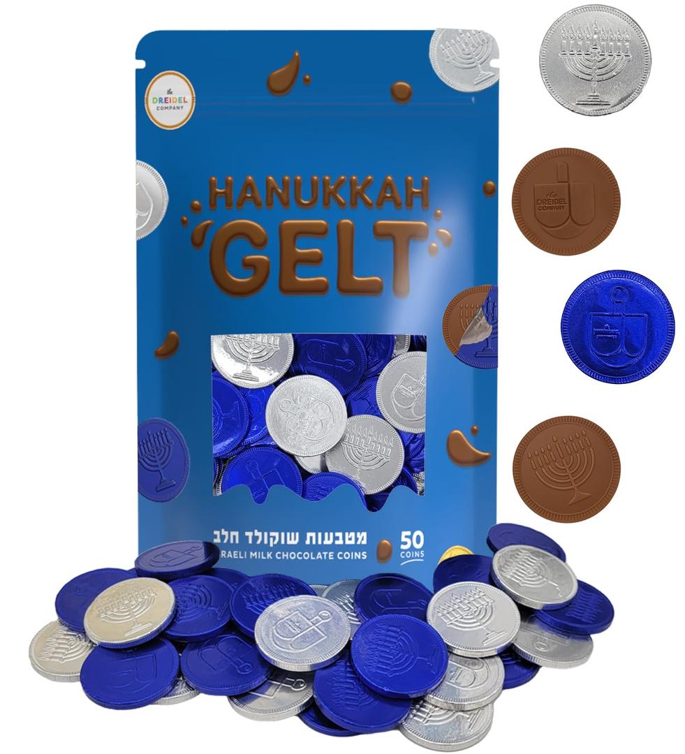 4 x The Dreidel Company Blue & Silver 50-Pack Hanukkah Milk Chocolate Coins, Hanukkah Dreidel & Menorah Design Gelt, Non GMO, Kosher Certified OU-D (EXP 01/22/27)