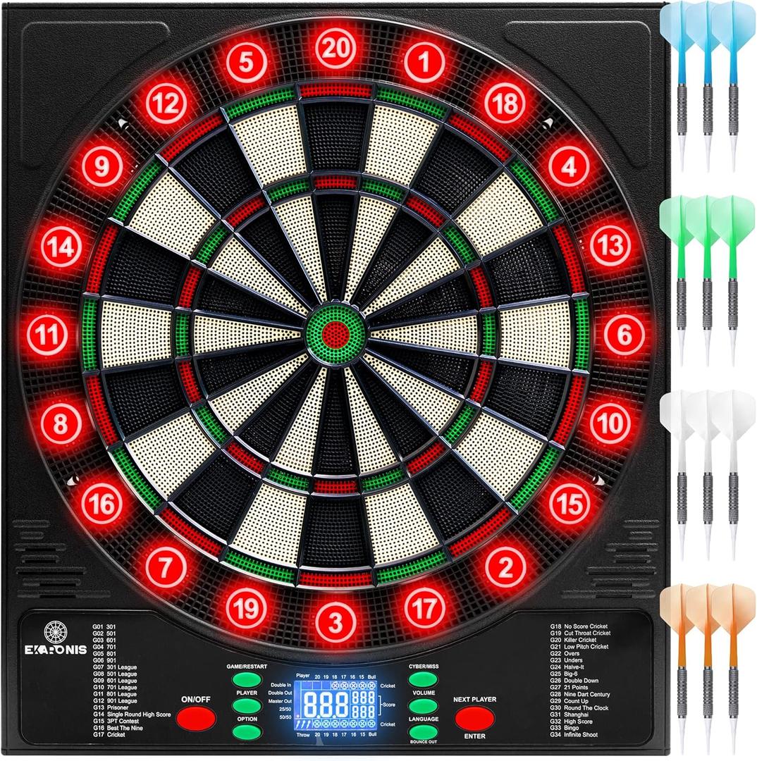Electronic Dartboard 34 Games 355 Variations with 12 Darts Illuminated Dartboard Dart Storage for 12 Darts