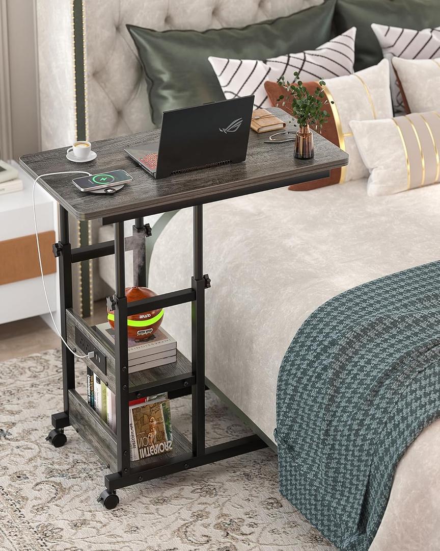 Height Adjustable End Table with Charging Station, Mobile C Shaped Laptop Side Table with Wheels, 3-Tier Sofa Couch Table with Storage Shelve for Living Room Bedroom, Grey Oak, 31.5" x 15.7" x 31.8"