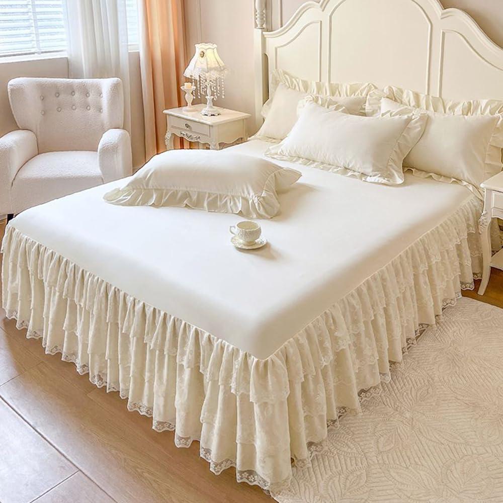 Lace Bed Sheet for Queen/King Bed - 17in. Drop, Easy Fit Ruffle Bedskirt Wrap Around Bed Skirt, Anti Wrinkle & Fade Resistant (Beige)