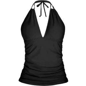 Yonique Women's Halter Tankini Top No Bottom V Neck Swim Top Tummy Control Bathing Suit Top (XX-Large, Black)