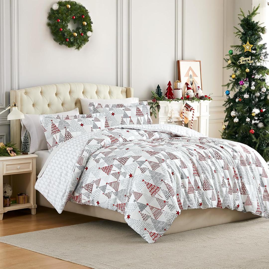 Southshore Fine Living, Inc. Christmas Bedding King/California King Duvet Cover with 2 Pillow Shams, Reversible Holiday Bedding Set, 2-Sided King Comforter Cover, Christmas Tree Print (Merry & Bright)