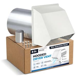 8" White Dryer Vent Cover - 304 Stainless Steel Wall Cap, Screen and Damper