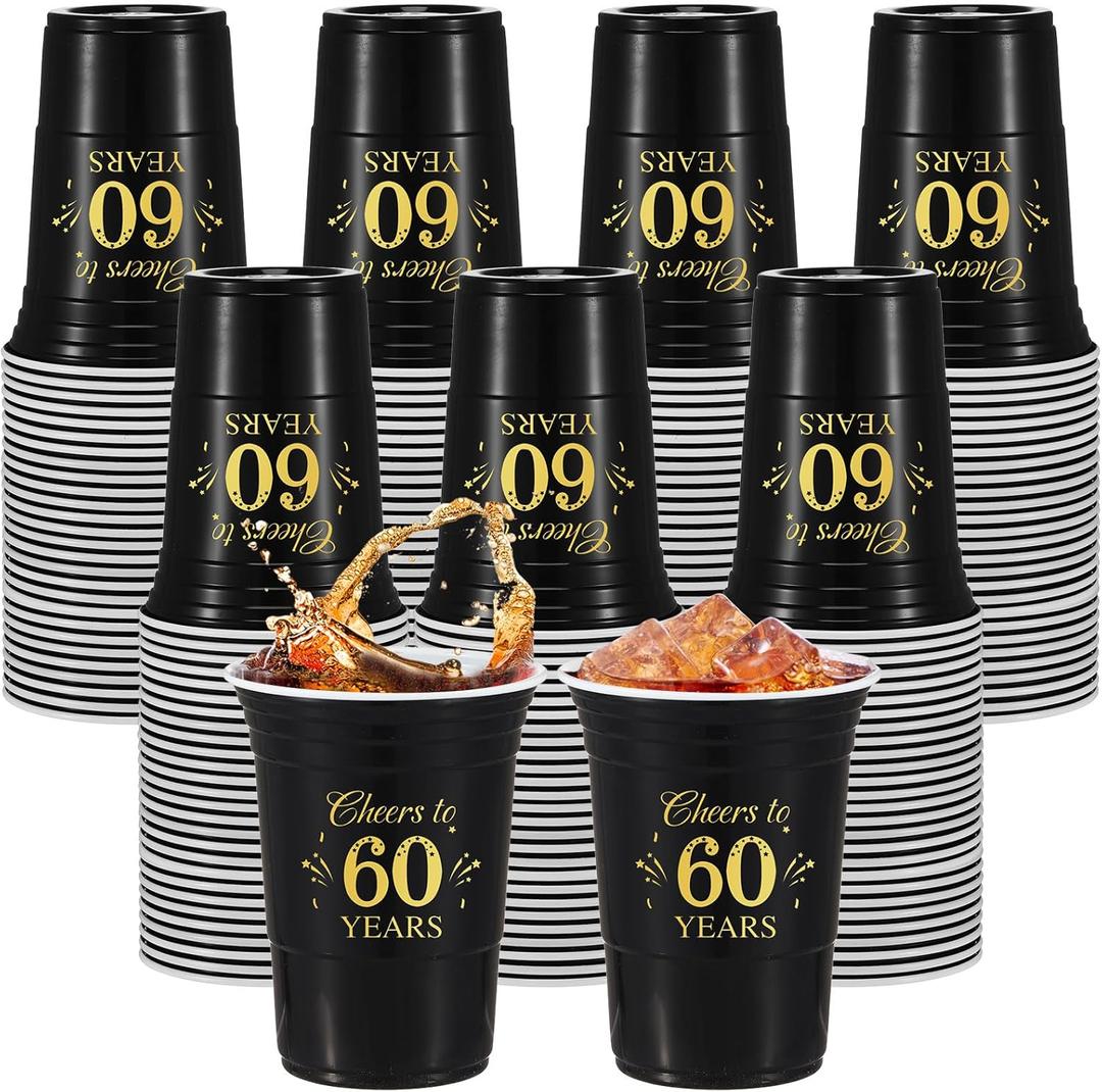100 Pcs Cheers to 30th 40th 50th 60th Years Birthday Cups, Birthday Decoration Men 16 oz Disposable Plastic Cups Black Gold Hot Cold Drinks Cup for Women Anniversary Supplies(60 Years)