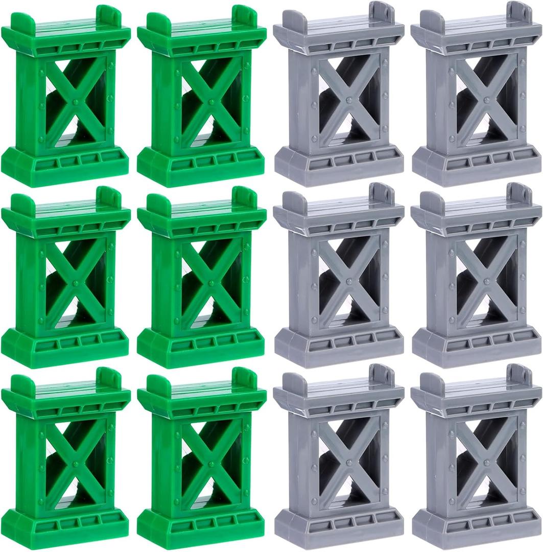 12 Pcs Train Bridge Pier Track Railway Accessories Multi Level Support Risers High Level Blocks Compatible All Major Brands, Grey+Green
