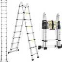 Telescoping Ladder A Frame 16.5Ft Aluminum with Stabilizer Bar, 330 LBS Capacity, Collapsible Extension Ladder for House, Roof, RV & Travel Trailer(Silver)