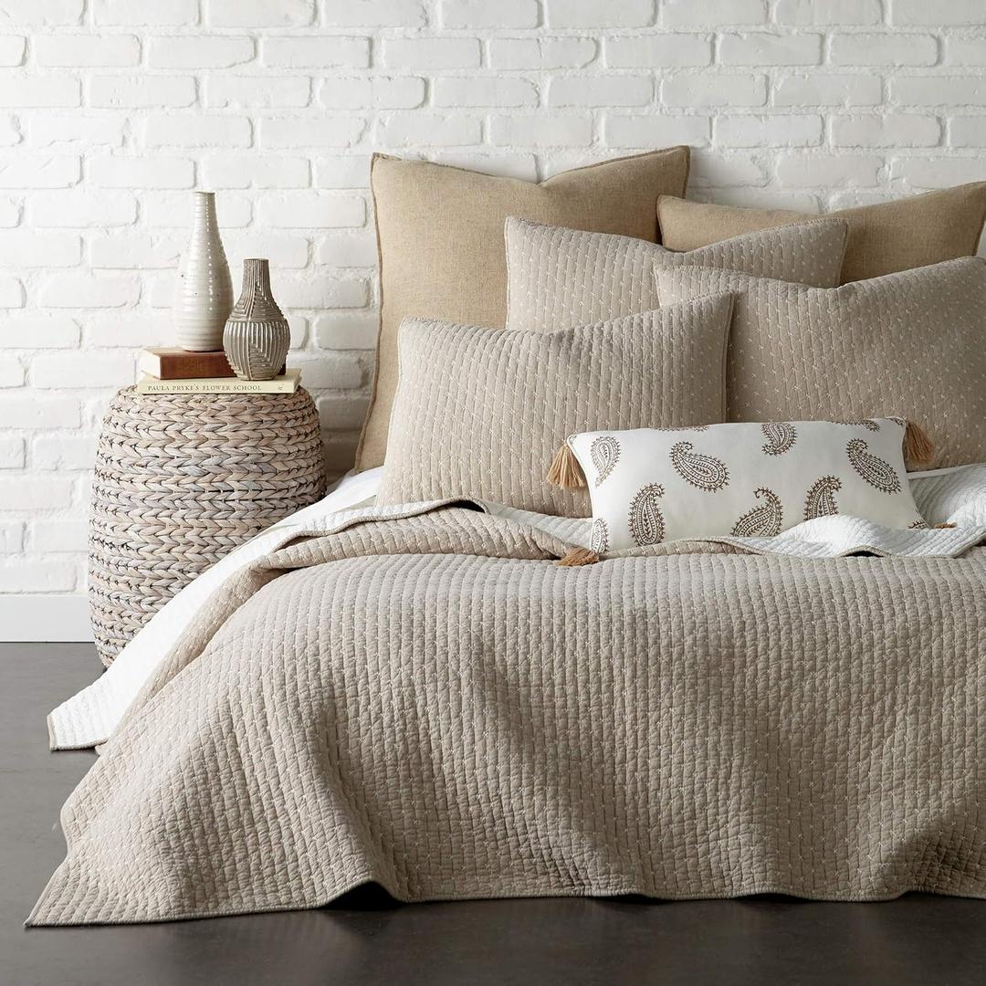 Levtex Home Cross Stitch Reversible King/Cal King Quilt Set (106x92in) and 2 Pillow Shams (36x20in) - Stitch Texture - Taupe - Cotton King Size Quilt Bedding Set - Lightweight Soft Pre-Washed