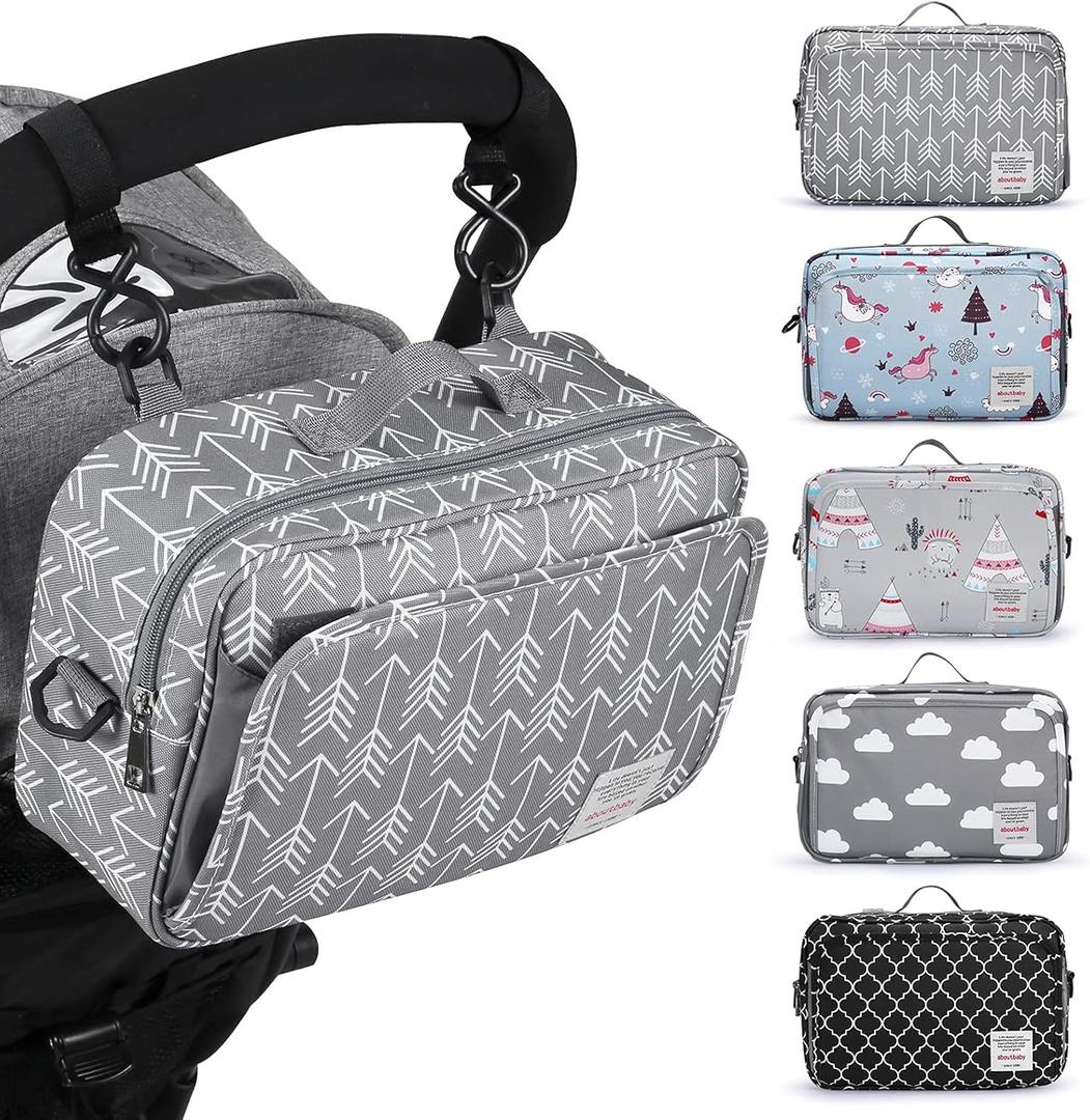 Universal Stroller Caddy Accessories All-in-One Baby Organizer with Insulated Pocket,Capacity for Diapers, Toys & Snacks, Dark Gray (arrow)