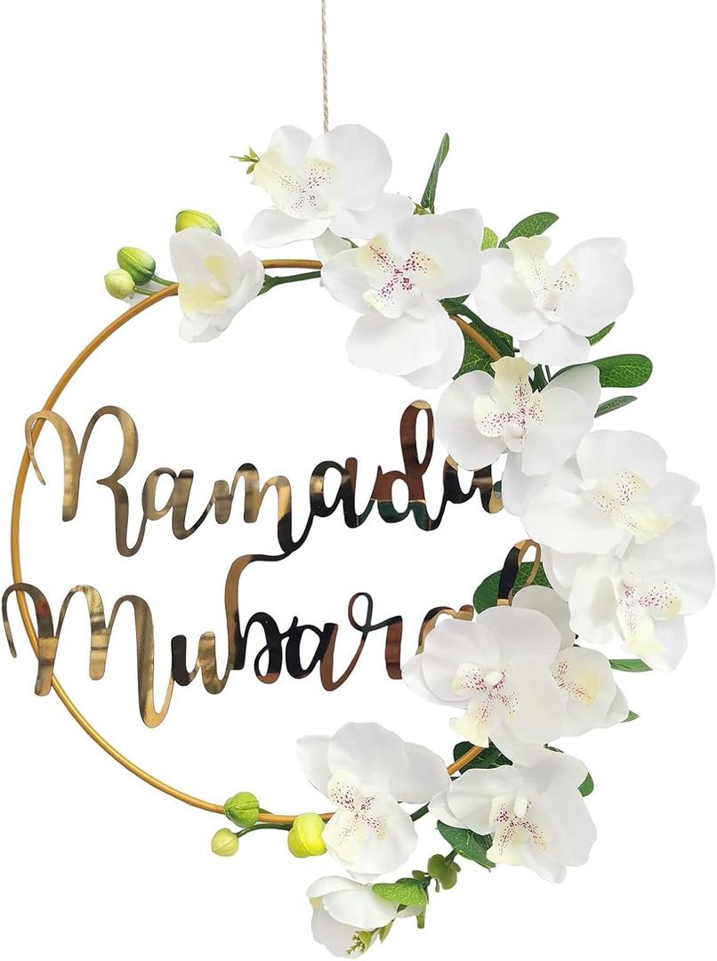 Ramadan Mubarak Wreaths Decorations, Artificial White Phalaenopsis Metal Hoop Floral Wreath, Eid Mubarak Garland Decor, for Farmhouse Door Wall Window Indoors Outdoor