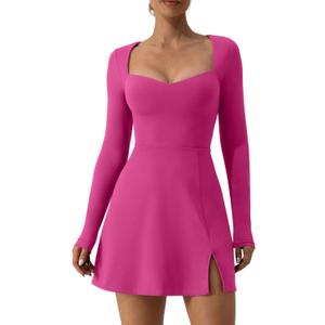QINSEN Women's Sweettheart Neckline Long Sleeve Dress Side Slit Stretch Flare Mini Dress (Medium, Cabaret)