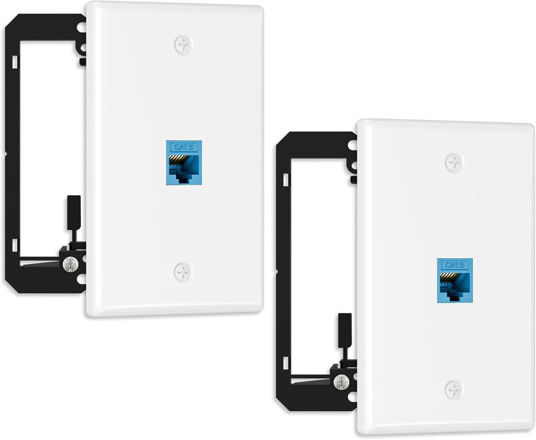 FGB 10Gbps Ethernet Wall Plate, 1 Port CAT6 Wall Plate and Jack, RJ45 Ethernet Wall Outlet with Single Gang Low Voltage Mounting Bracket, 2 Pack