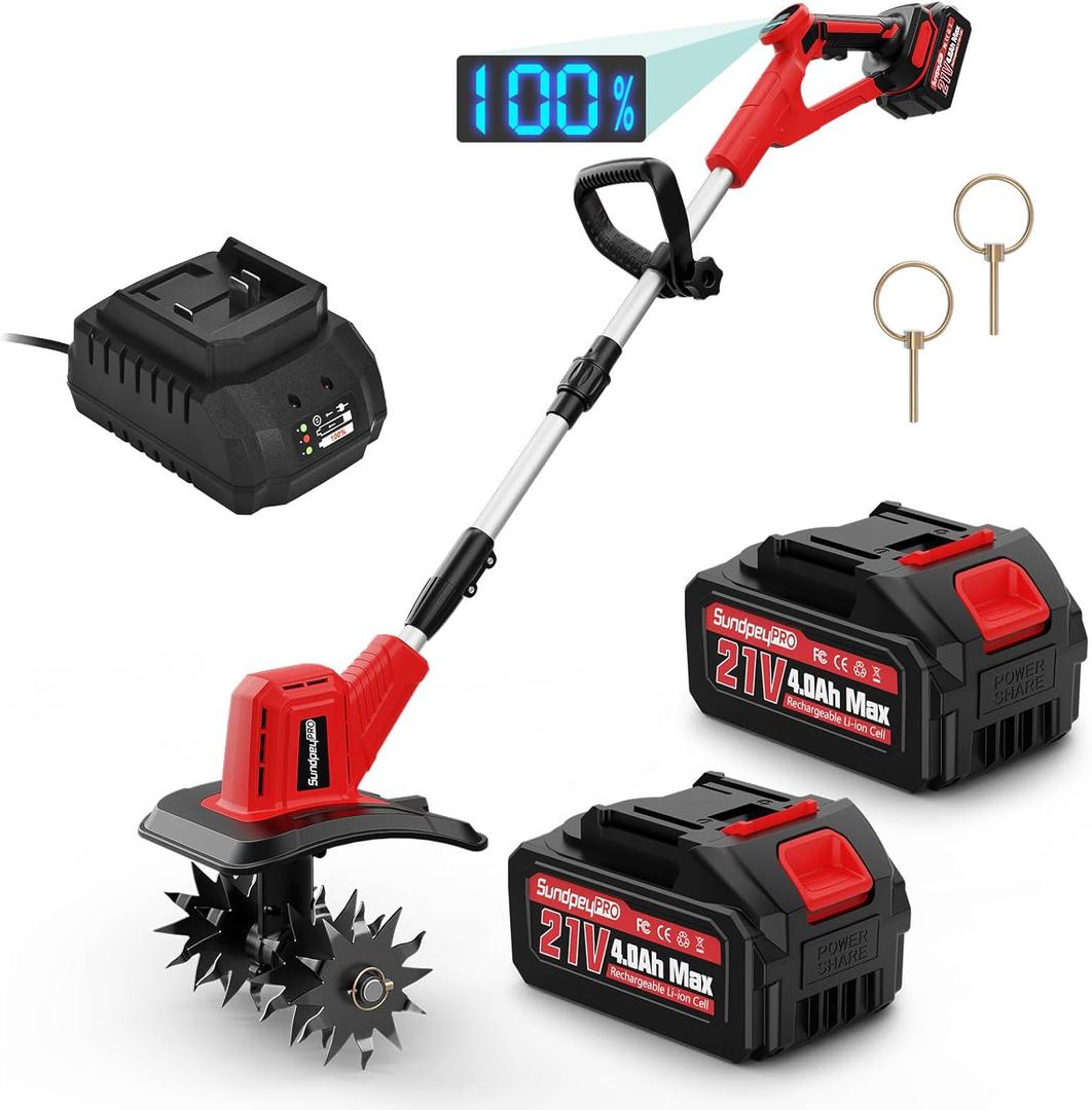 Electric Cordless Tiller Cultivator - 360RPM Small Portable Battery Powered Rototiller with 2 x 4.0AH Batteries & Charger & 48 Steel Tines for Gardens Lawn Gardening Soil Cultivation