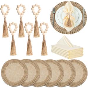 Gejoy 18 Pcs Round Burlap Placemats Wood Bead Napkin Rings with Dinner Napkins Cloth, Jute Heat Resistant Placemats Boho Wooden Rings for Plates Wedding Dining Table