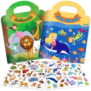 2 Sets Reusable Sticker Books for Toddler 1-3, Activity Books for Toddlers 2-4, Arts Crafts Jelly Stickers Travel Toys for Kids 3-5, Holiday and Birthday Gifts Easter Basket Stuffers for Boys Girls