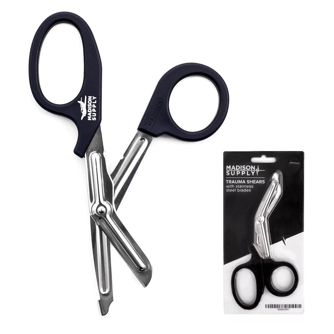 Madison Supply Medical Scissors, EMT and Trauma Shears - 7.5 Inch Premium Quality Stainless Steel Bandage Scissors - Fluoride-Coated with Non-Stick Blades - 1 Pack (Black/Stainless)