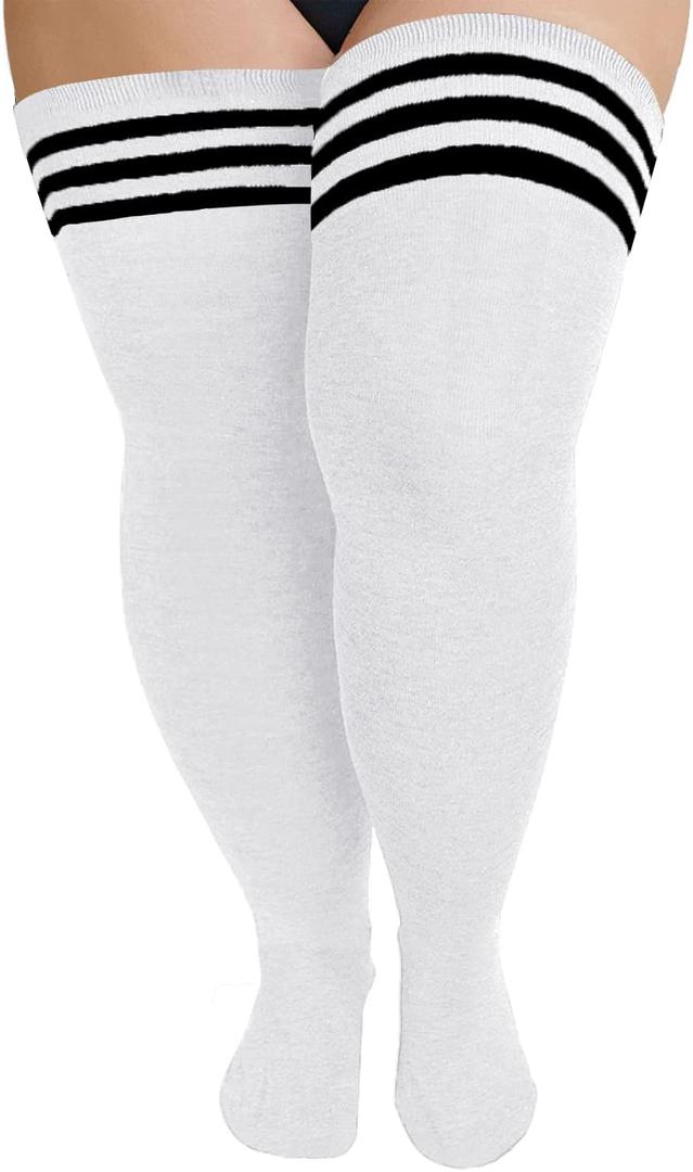 YELAIVP Plus Size Thigh High Socks Extra Large Stripe Over Knee High Stockings for Women (White)