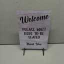 Please Wait Here To Be Seated Sign - Also as Freestanding or Adhesive Sign, ideal for cafes, restaurants or pubs (White Wood Effect Acrylic Stand)