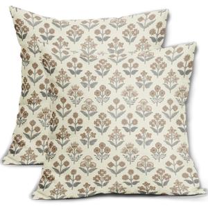 Brown Grey Gray Floral Block Print Pillow Covers 18x18 Inch Set of 2, Vintage Flower Pattern Decorative Throw Pillowcases Outdoor Farmhouse Cushion Covers Spring Summer Rustic Sofa Couch Bed Decor