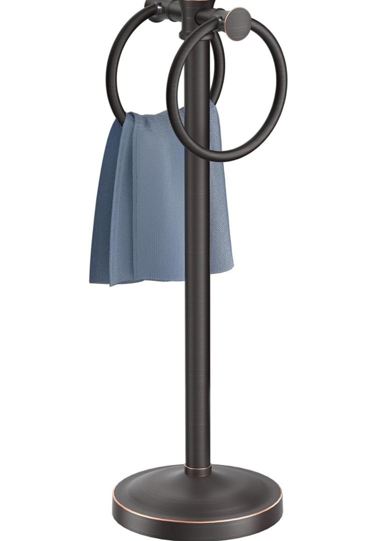 Hoimpro 17 Inch Oil Rubbed Bronze Stainless Steel Free Standing Towel Rack Bar, Double Stand Towel Ring Hand Towel Holder Hanger, Towel Hardware for Bathroom Vanity Kitchen Countertops