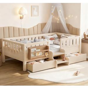 Bellemave Twin Size Kids Bed with high Rails and with Built-in Bookshelf and Drawers for Kids, Girls, Boys, Wood Montessori Bed Without Door, Beige