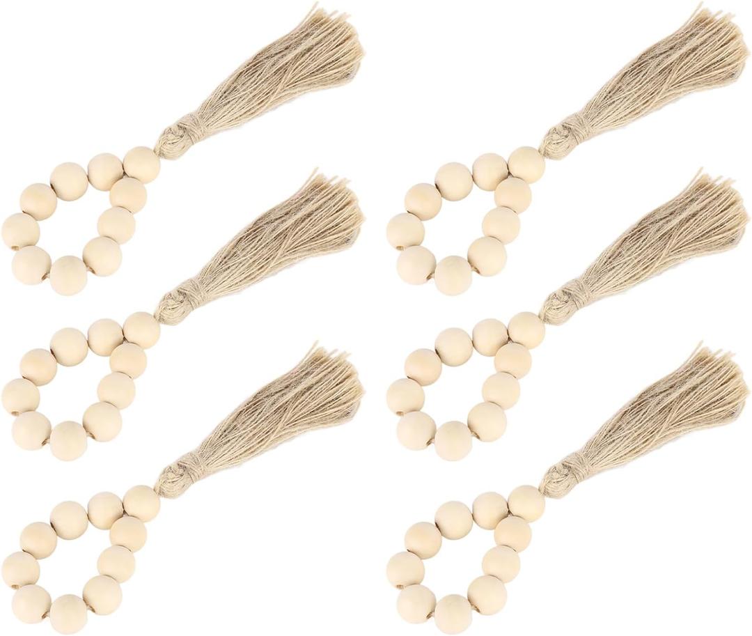 Presentware Wood Bead Napkin Holderswith Tassels for Weddings and Holidays Wood Bead Napkin Rings,6Pcs