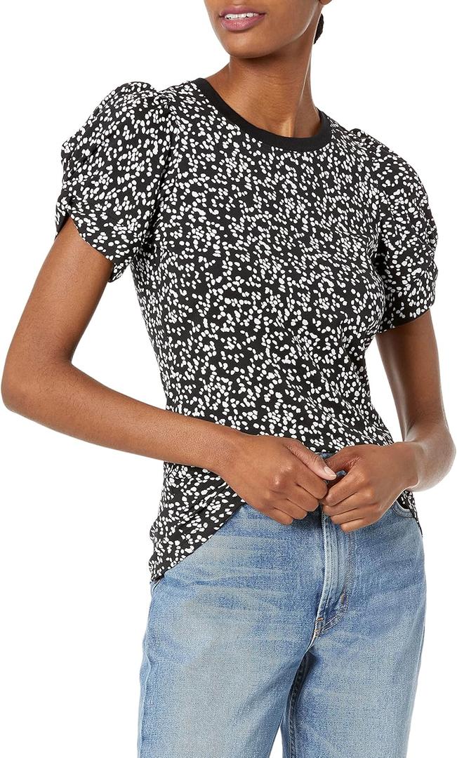 Amazon Essentials Women's Classic-Fit Twist Sleeve Crewneck T-Shirt Black White Abstract Animal (Medium)
