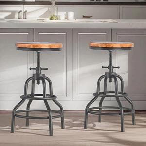 Industrial Vintage Counter Stool, Kitchen Counter Height Adjustable Swivel Chair, Metal Frame Stool, 20.47-26.77 Inch, Fully Welded Base, Set of 2, Brown Wood