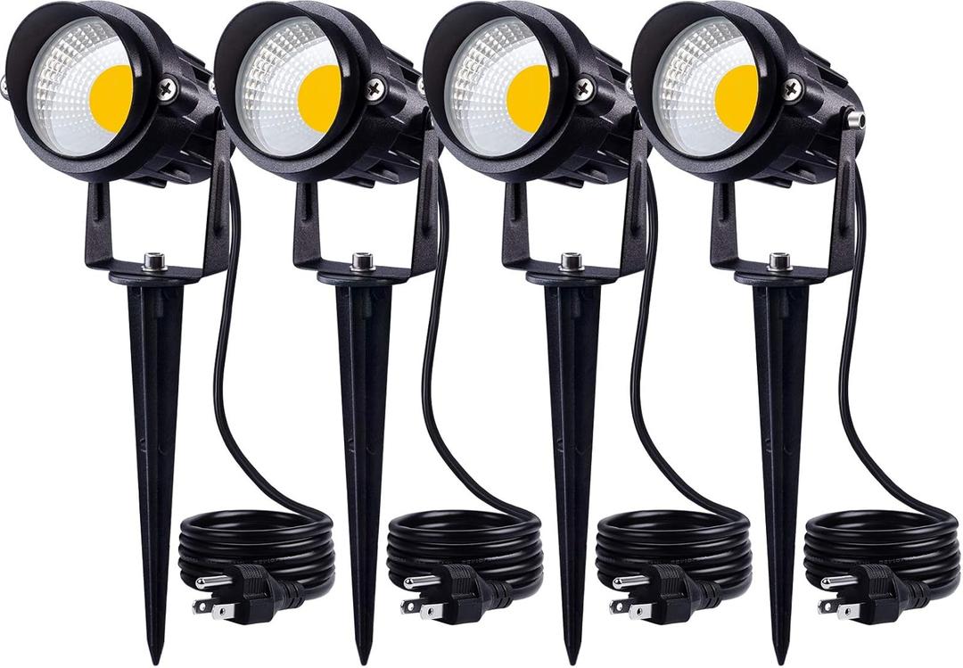 SUNVIE 120V Spot Lights Outdoor LED Landscape Lighting 12W AC Spotlights for Yard Waterproof Landscape Spotlight with Spiked Stake for Tree Garden Pathway Warm White Flag Lights US 3-Plug in, 4 Pack