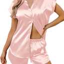 Ekouaer Silk Satin Pajamas for Women Button Up Pjs 2 Piece Summer Short Sleeve Lounge Sets V Neck Sleepwear ,Size 2XL