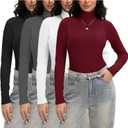Siimcuzy 1/4 Pack Women's Ribbed Turtleneck Long Sleeve Shirts Basic Tops Fitted Stretch Sweater (XX-Large, 1 Black 1 Heather Grey 1 White 1 Wine Red)
