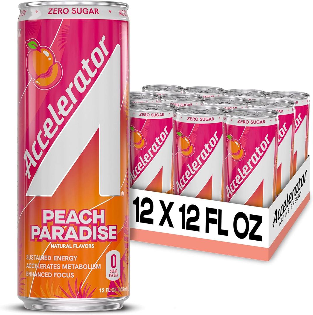 Accelerator Energy Drink, Peach Paradise 12oz can (12 pack), Zero Sugar, Sustained Energy from 100% Natural Caffeine (200mg from Green Coffee Bean & Green Tea Extract), Exp: 10/27