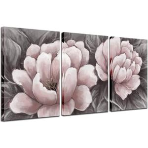 Biuteawal Flower Canvas Wall Art Abstract Pink and Gray Wall Artworks Elegant Floral Painting Still Life Pictures for Home Living Room Bedroom Decoration Ready to Hang 16x24inx3panels, 16x24inchx3pcs