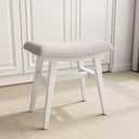 Solid Wood Small Vanity Stool, Compact Makeup Chair with Saddle Cushion, Linen-Covered High Rebound Sponge Seat, Easy Assembly Footstool for Bedroom, Entryway, Home, White