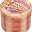 DaYammi 240Pcs Pink Plastic Plates Including 120Pcs Pink Dessert Plates and 120Pcs Gold Plastic Forks,Hammered Party Plate,pink and Gold Appetizer plates Heavy duty Disposable Cake Plate for Party
