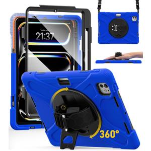 BRAECN Case for iPad Pro 11 inch M5 2025 & M4 2024, 4 Layers Heavy Duty Full-Body Protection Screen Protector Pencil Holder, 360 Rotating Handle Kickstand, Shoulder Strap Kids Friendly (Blue)