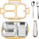 25oz Stainless Steel Lunch Kit (Bento Box + Fork/Spoon) - 3 Leakproof Compartments - Food-Grade 18/8 Steel for Kids & Adults - School/Office/Travel Ready - Dishwasher Safe (Yellow)