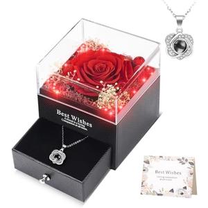 Pack of 2 WOKEISE Lighted Preserved Real Rose with I Love You Heart Necklace, Gifts for Christmas Day, Mothers Day Anniversary Birthday Flowers Gifts for Women Girlfriend Wife Mom Grandma - Red